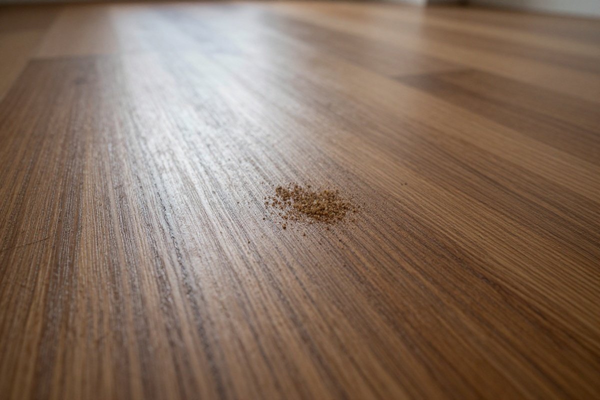 Close-up of fine scratches on hardwood floor with visible grit causing damage