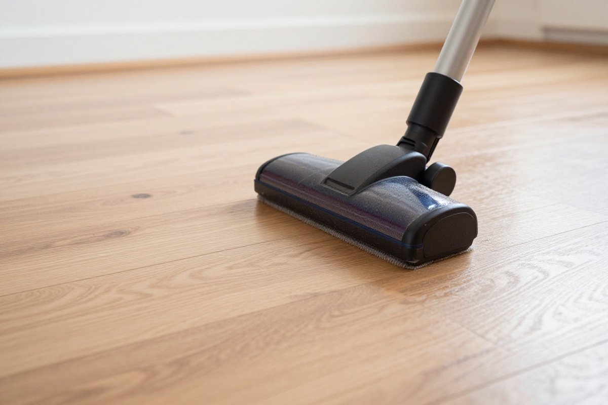 Soft floor vacuum attachment gliding across maple hardwood showing gentle cleaning technique