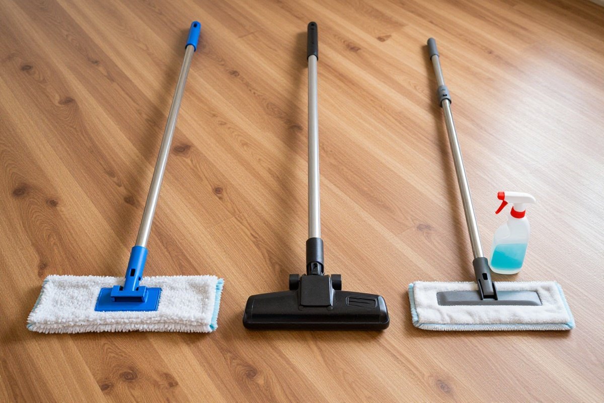 Hardwood floor care tools arranged by use frequency on clean wood floor