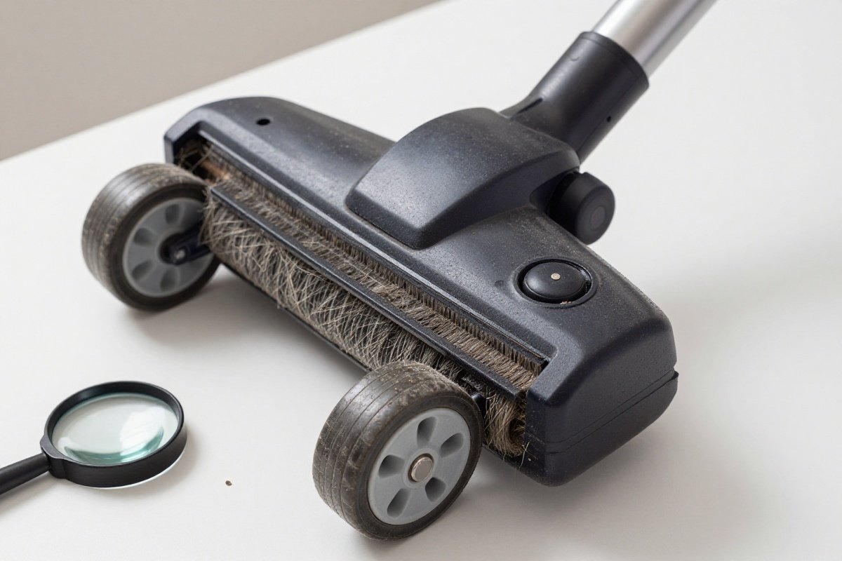 Vacuum head flipped over revealing debris in wheels and worn brush roll