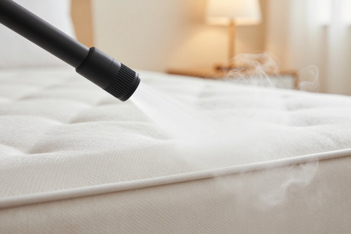Steam cleaner nozzle directing steam into mattress seam for bed bug treatment