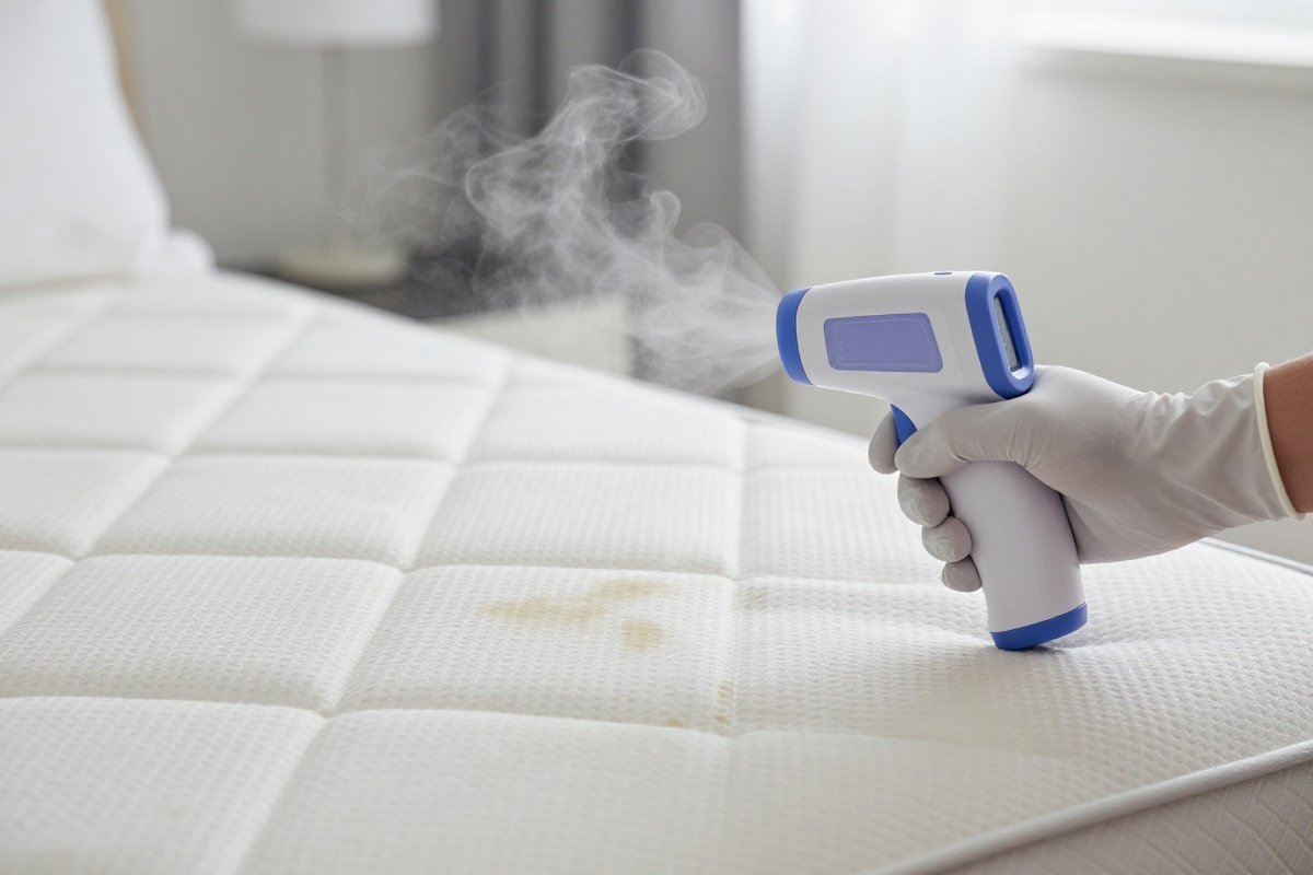 Infrared thermometer verifying surface temperature after steam treatment on mattress