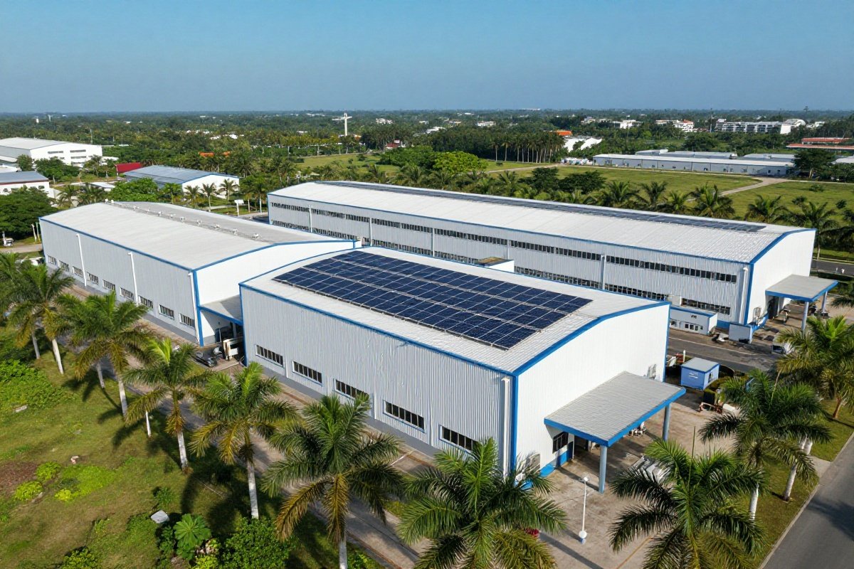 Modern manufacturing facility in tropical Southeast Asia with solar panels
