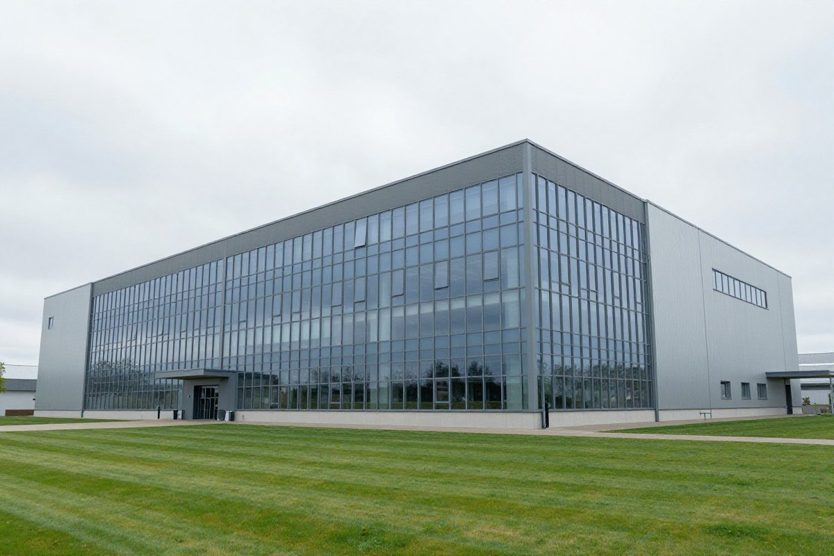 Modern German factory building representing precision manufacturing facility