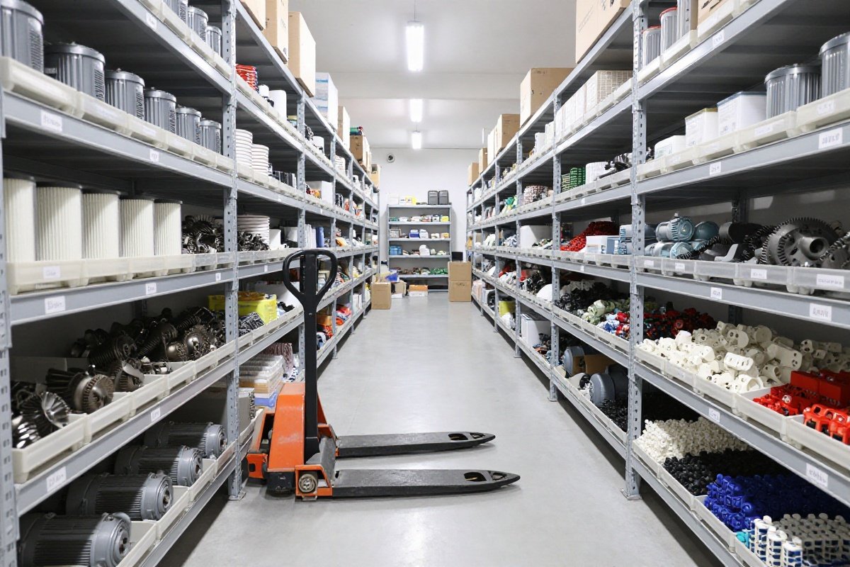 Organized parts warehouse with precision components on industrial shelving