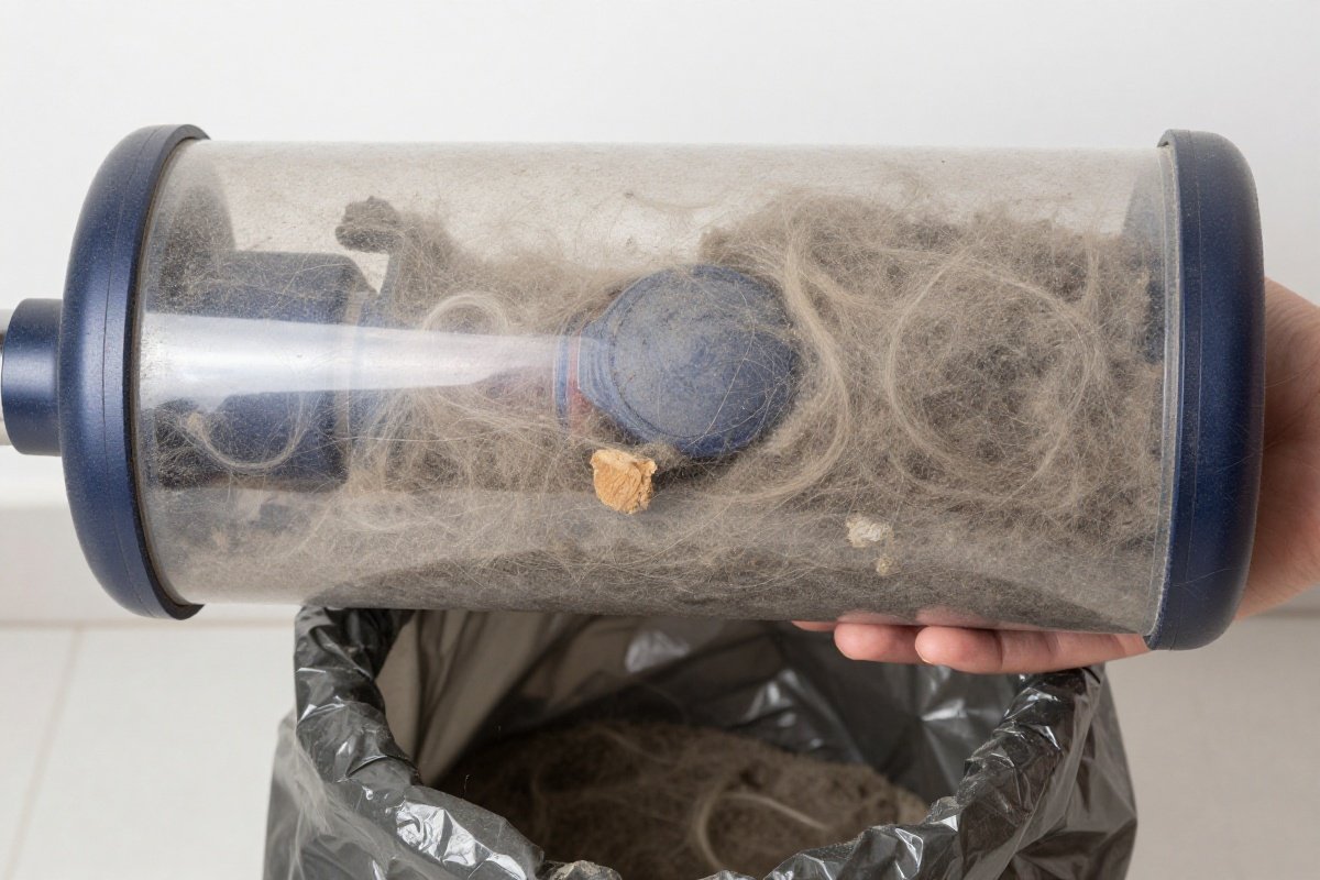 Overfull vacuum canister packed with pet hair and dust ready for emptying