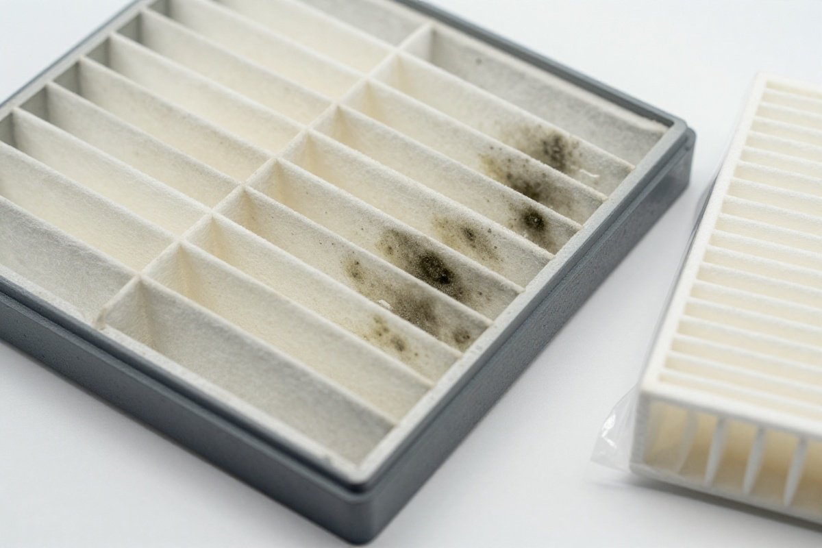 Vacuum HEPA filter with visible mold growth beside sealed replacement filter