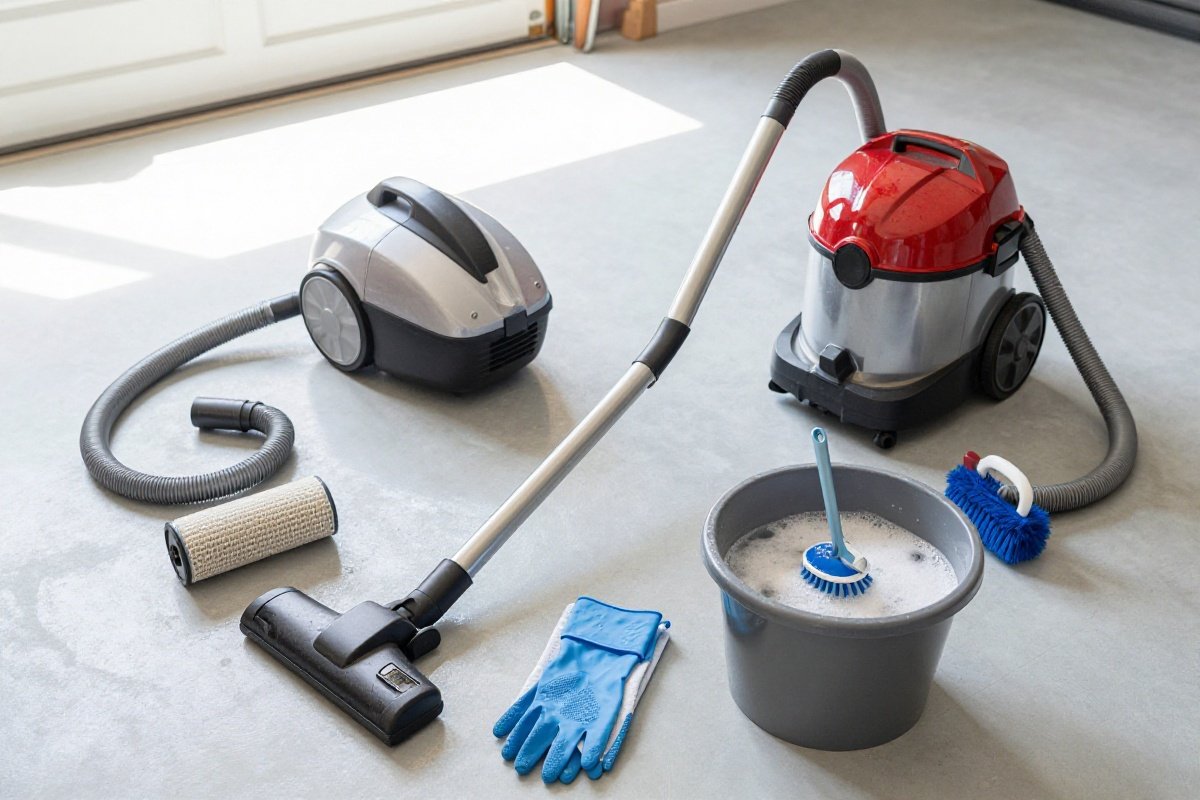 Vacuum cleaner fully disassembled for deep cleaning with soapy water and brush