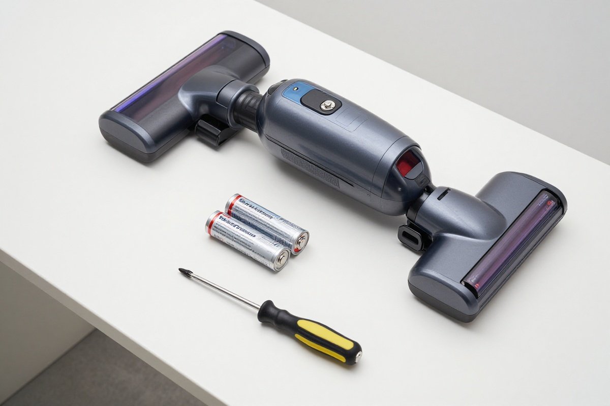 Cordless vacuum with battery compartment open showing removal and replacement process