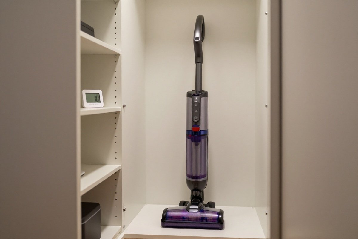 Cordless vacuum properly stored off charger in climate-controlled closet at room temperature
