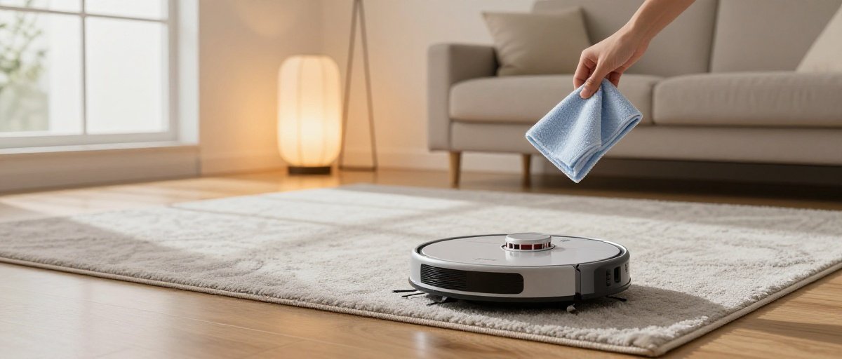 A robot vacuum in a modern living room with hardwood floors and a light gray area rug, with a hand holding a microfiber cloth in the background.