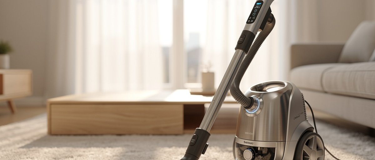 Living room with a silver vacuum cleaner on a soft rug