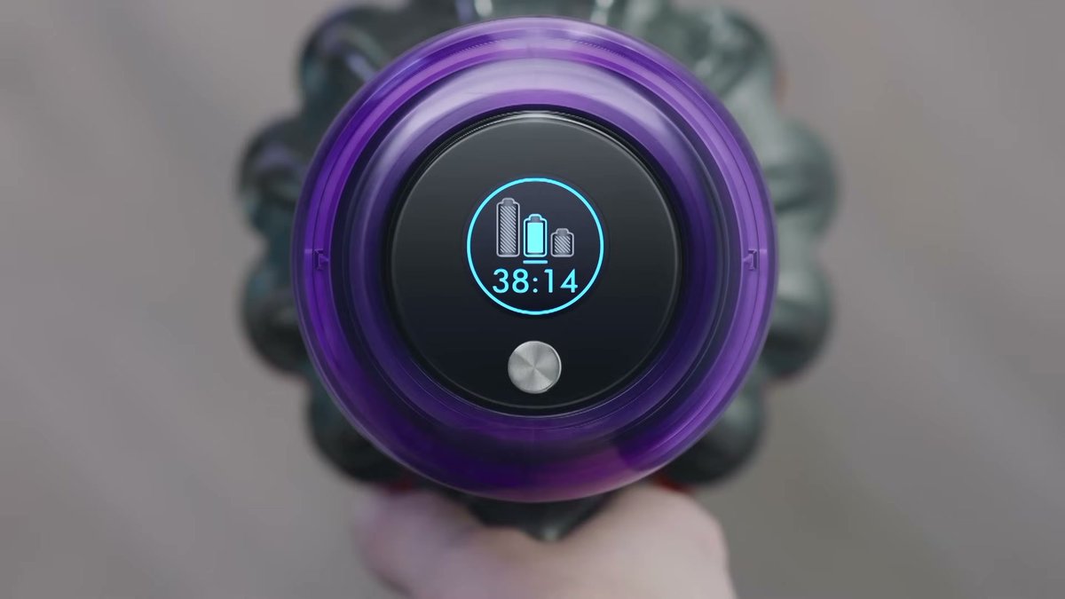 Dyson V11 Torque Drive showing battery life and runtime on digital display