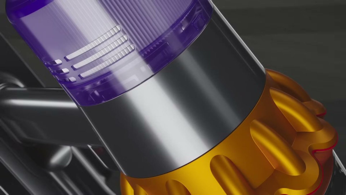 Close-up of Dyson V15 Detect Absolute's transparent dustbin and filter section
