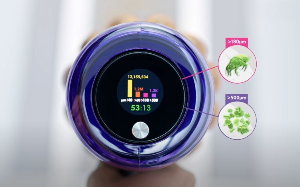Dyson V15 Detect LCD screen showing particle sizes