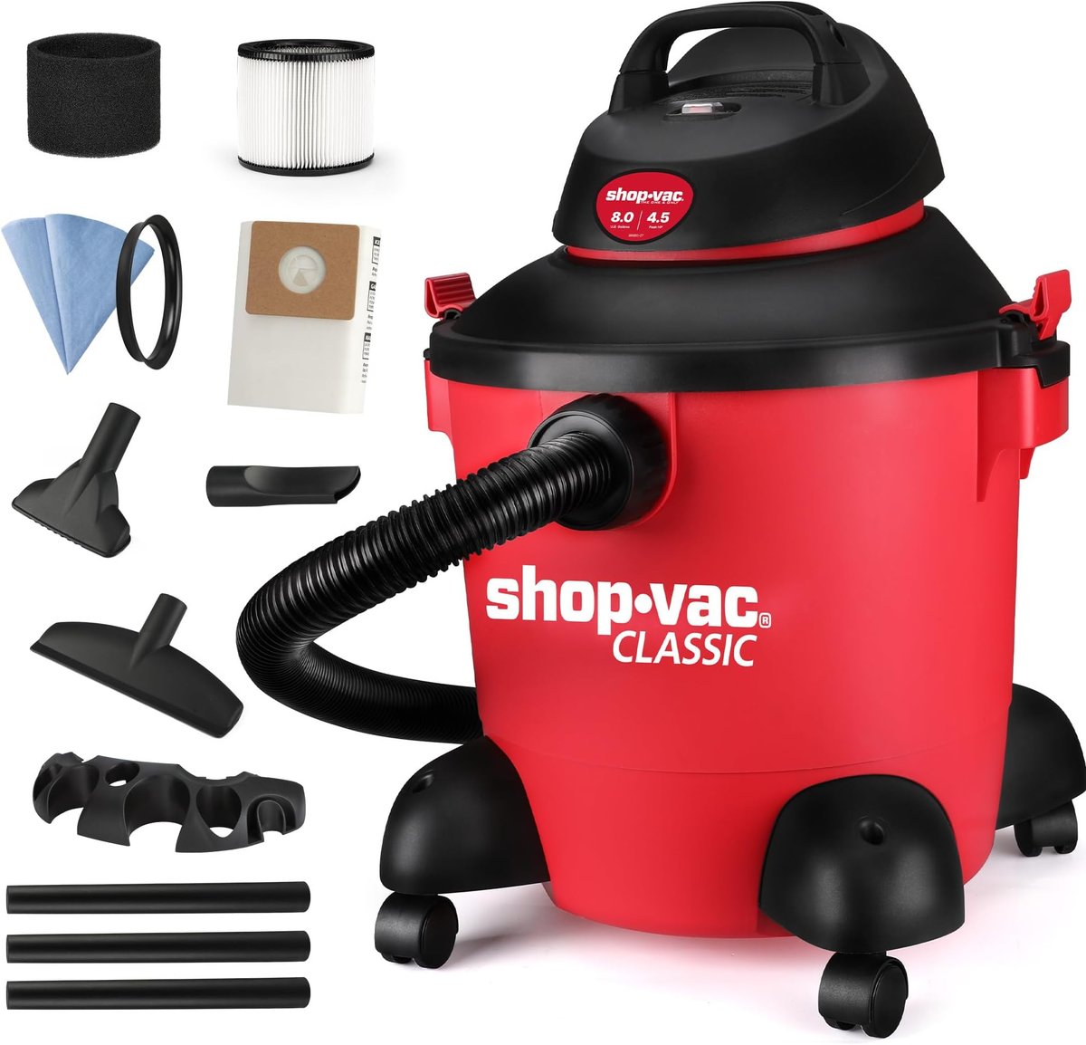 Shop-Vac 5989300 5-Gallon Stainless Steel with attachments and filters displayed