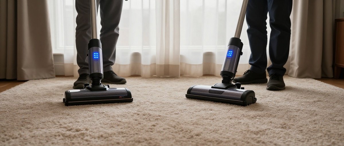 Carpet cleaners on a beige carpet in a softly lit room.