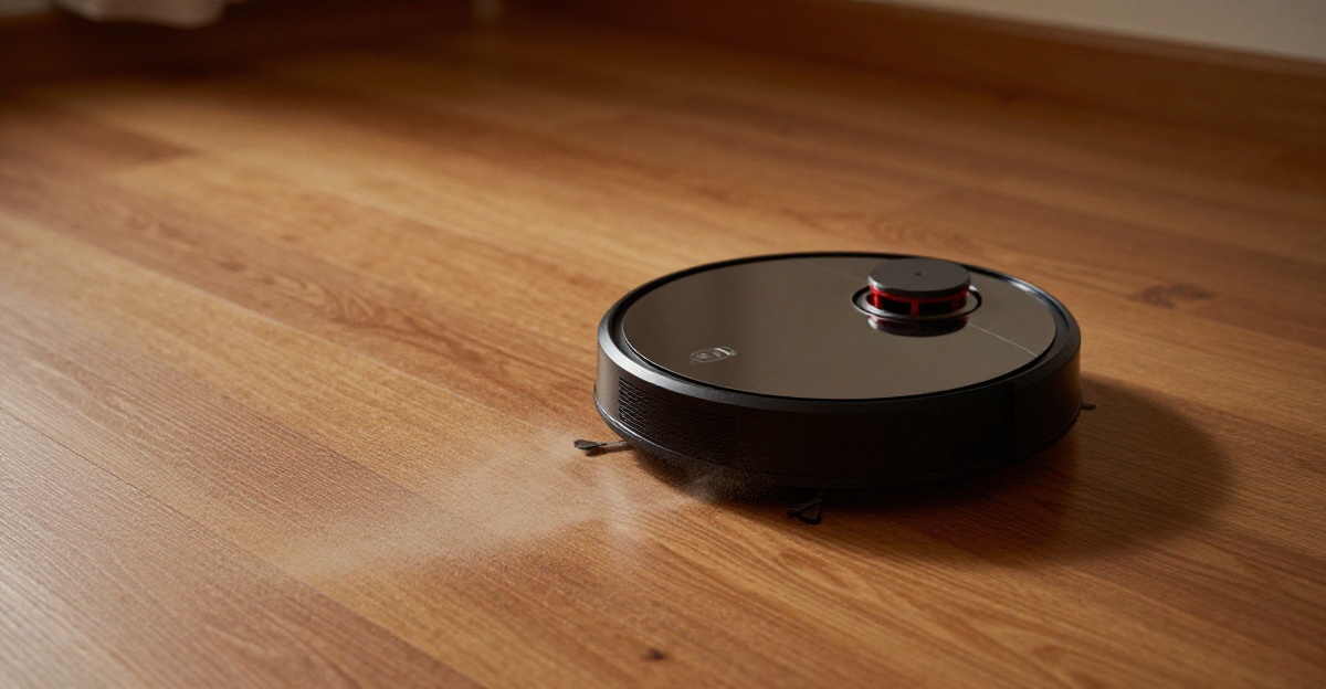 Fading silhouette of a D-shaped robot vacuum on hardwood floor